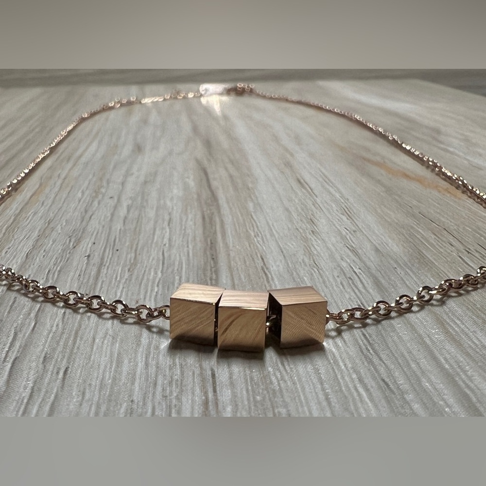 Modernist 18K Rose Gold Plated 3 Square Cube Necklace, 18"